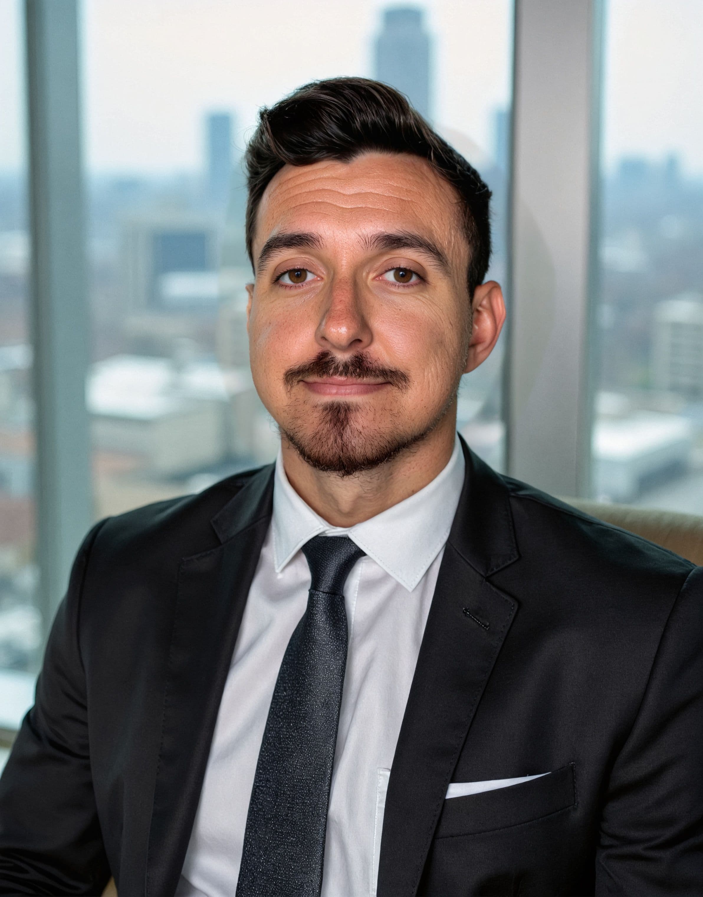 Brian Lapuste, fractional technical operator, in a dark suit in front of a city skyline